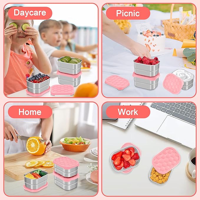 TeamFar 3 PCS Stainless Steel Snack Containers, 8oz /230ml Food Container with Silicone Lid for Kids Children, Metal Toddler Lunch Bento Box, Healthy & Lightweight, Leak-proof & Portable, Pink