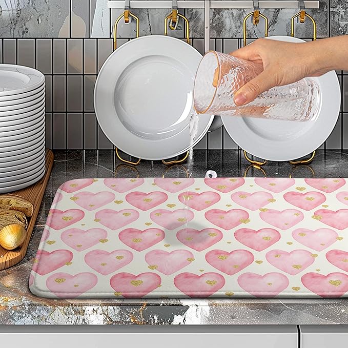 Valentines Dish Drying Mat Valentine Dishes Drying Pad Pink Golden Heart Love Absorbent Dish Dryer Matt for Kitchen Countertops Microfiber 18x24 Inches