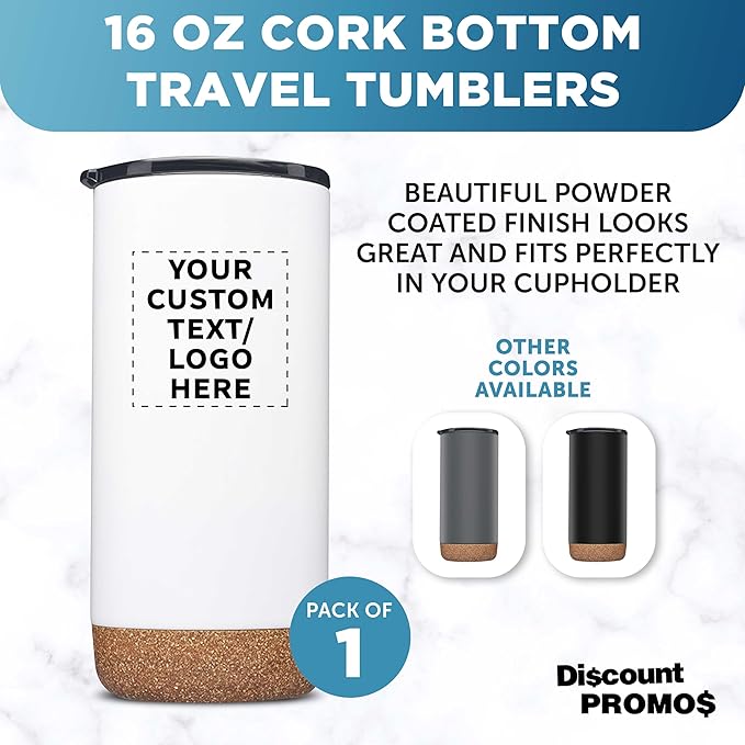 DISCOUNT PROMOS Custom Travel Tumblers with Cork Bottom 16 oz. Set of 1, Personalized Bulk Pack - Double Wall Insulated, Matte Finish, Perfect for Iced Coffee, Soda, Other Beverages - White