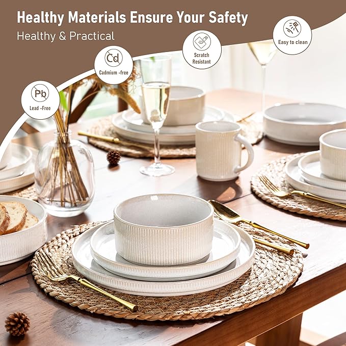 GBHOME Stoneware Dinnerware Sets for 4, Round Reactive Glaze Ceramic Plates and Bowls Set, Highly Scratch Resistant | Dishwasher & Microwave Safe ，Service for 4(12Pcs)