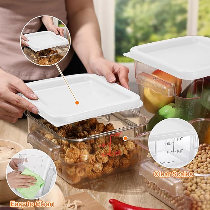 Suclain 8 Pcs Food Storage Container with Lids Set 2qt and 4qt Square Clear Commercial Containers with Scales Handles for Home Restaurant Kitchen Food Storage, Marinating Meat, Proof Dough (White)