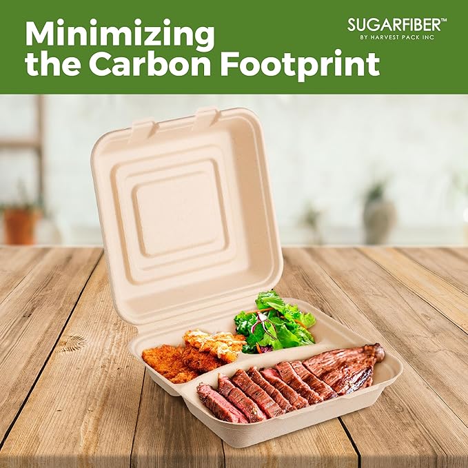 [200 COUNT]Harvest Pack 10 X 10" Compostable Clamshell Take Out Food Containers, 3 Compartment Clamshell Heavy-Duty Hinged Container, Disposable Divided Bagasse Eco-Friendly Natural to go Box