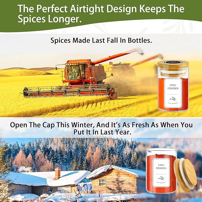 SLifeJars-Spice Jars with Label, 4 oz 24 pcs Spice Containers Glass Jars with Bamboo Lids, Seasoning Containers Bottles, Airtight Empty Glass Jars for Spice Rack,Drawer,Cabinet,Pantry