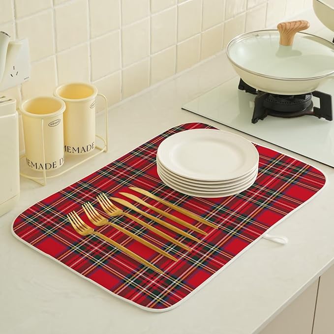 Christmas Dish Drying Mat 18 x 24 inch Red Buffalo Plaid Decorative Drying Mats Microfiber Absorbent Xmas Holiday Dish Washable Draining Mat for Kitchen Counter Decor