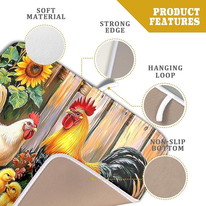 Rooster Dish Drying Mats 16x18 Inch,Farmhouse Chickens Sunflower Rustic Wooden Fence Microfiber Absorbent Draining Racks Sink Drainer Pad for Kitchen Coffee Maker Counter Decor