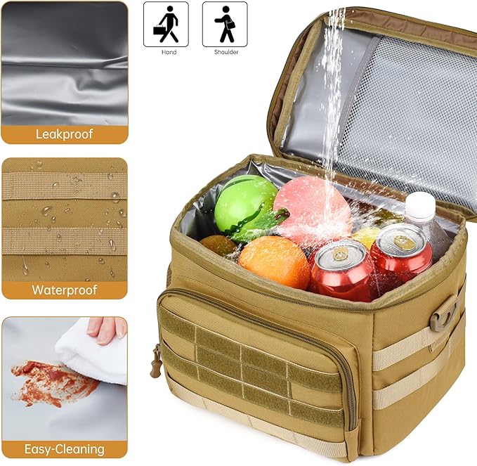 Tactical Lunch Box for Men, Insulated Lunchbox Waterproof Leakproof Cooler Lunch Bag for Work Outdoor Picnic, 24 Cans/15 L, Khaki