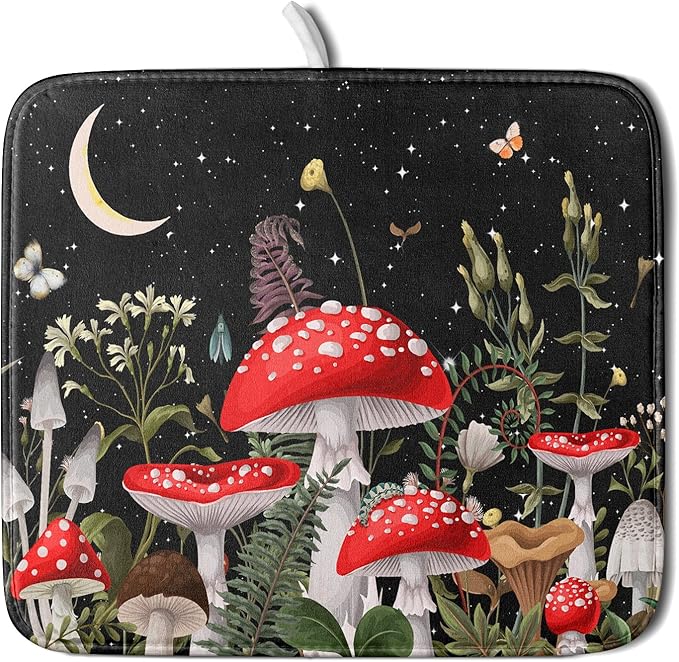 Red Mushroom Dish Drying Mat for Kitchen Counter Plant Leaves Drainer Mats Rack Holder Countertop Absorbent Microfiber Coffee Pads 16x18 Inch