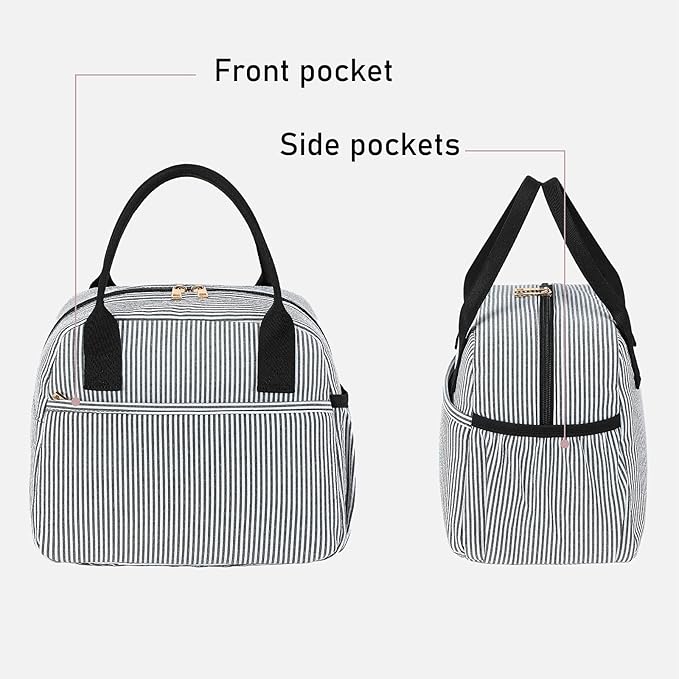 CAMTOP Lunch Box for Women Men Insulated Lunch Bag Lunch Tote Bag Leakproof Thermal Cooler Large Capacity for Travel Work School Picnic (Black white stripes)