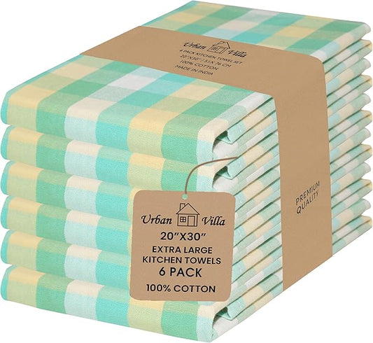 Urban Villa Kitchen Towels Set of 6 Green Sand Buffalo Checks Kitchen Towels 20X30 Inches 100% Cotton Highly Absorbent Kitchen Towels Premium Quality Ultra Soft Mitered Corners KitchenTowels