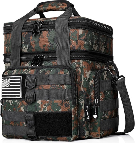 Tactical Lunch Box for Men, Large Insulated Lunch Bag for Adult, Heavy Duty Double Deck Expandable Lunch Cooler Bag with American Flag, Leakproof Soft Lunch Pail for Work Office Camping - Camo Green