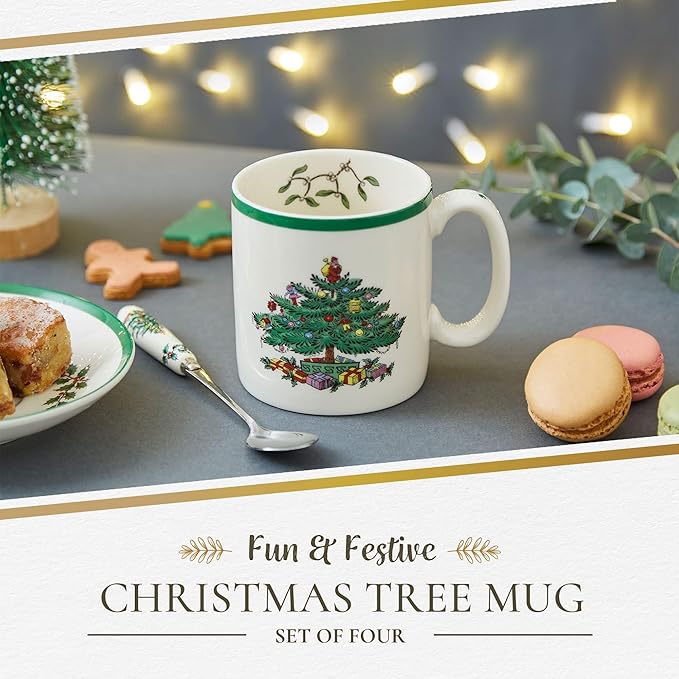 Spode Christmas Tree Mugs Set of 4 – Iconic Tree Pattern, Holiday Beverage Mugs with 9 oz Capacity – Dishwasher Safe, Festive Hot-Drink Cups in Durable Stoneware for Cocoa, Tea & Coffee