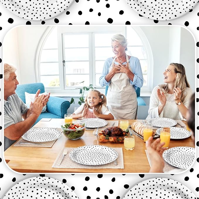 Zhehao 50 Pcs Black Painted Dots Paper Plates 9 Inch Disposable Summer Plates Party Decoration for Birthday Picnic Spring Wedding Baby Shower