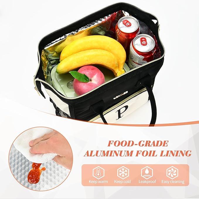 Personalized Lunch Box for Women, Initial Reusable Insulated Lunch Bag, Wide-Open Adult Lunchbox Cooler Lunchbag, Initial Leakproof Lunch Tote Bag for Picnic Work Outdoors Black and White - A