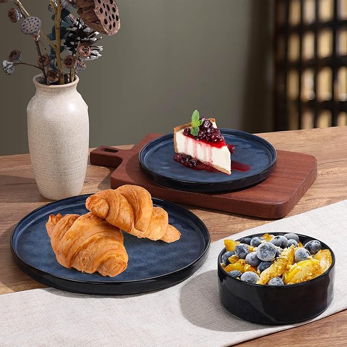 LIANYU 12 Piece Dinnerware Sets for 4, Stoneware Dish Dinner Set, Kitchen Dining Plates and Bowls, Ceramic Tableware Dishware, Microwave & Dishwasher Safe, Cetacean Blue