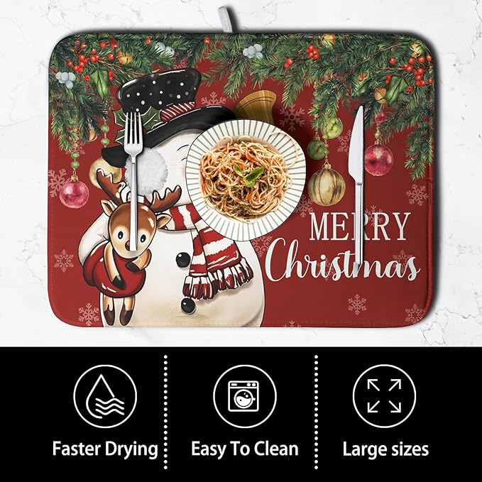 Christmas Dish Drying Mats for Kitchen Counter 18x24 Cute Snowman Red Dish Drying Pad for Dishes Winter Xmas Holiday Dish Draining Mat Absorbent Microfiber Dish Drainer Rack Mats