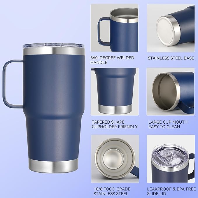 20 oz Stainless Steel Tumbler with Handle Metal Insulated Coffee Travel Mug with Handle Double Wall Tumbler Cup with Lid and Straw, Navy 1 Pack