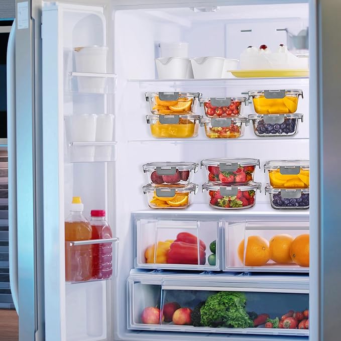 Sorbus 16pc Glass Meal Prep Containers Set – 8 Round 32oz Containers with Airtight Lids – Freezer, Dishwasher, Oven Safe – Reusable Food Storage Bowls, 4 Cup Capacity for Meal Prep and Storage Grey