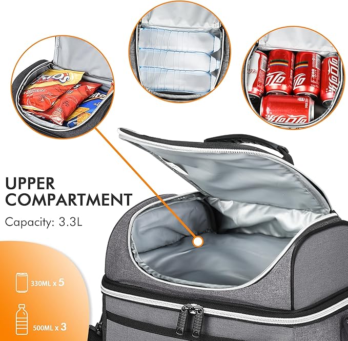 Tirrinia Reusable Lunch Box for Men Women, Insulated Lunch Bag Adult Work, Double Decker Leakproof Lunchbox for Office Picnic Beach—Dual Compartment Lunch Cooler Bag,Grey