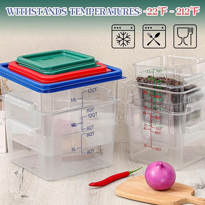 8 Set Square Food Storage Containers with Lid Contains 4 Pcs 6 Qt, 12 Quart and 4 Quart 2 Each, Clear Polycarbonate Commercial Food Storage Container Dough Proofing for Restaurant Home