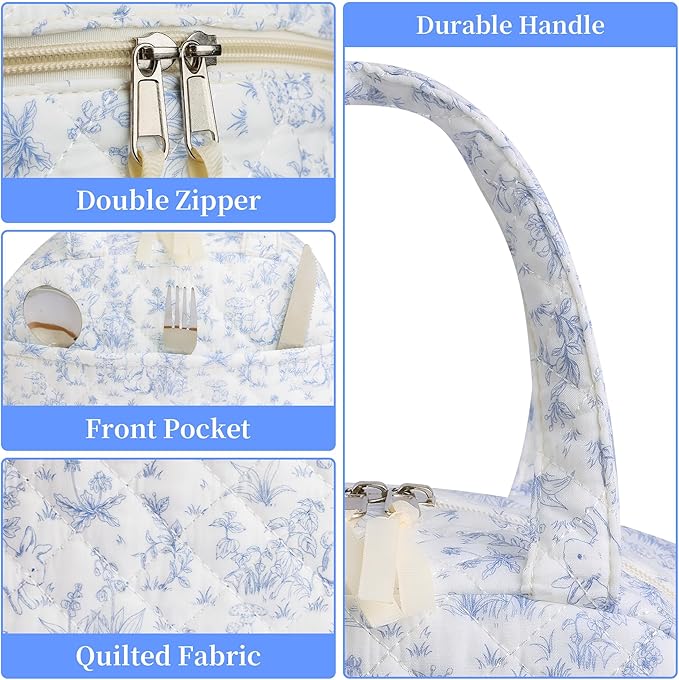 Quilted Lunch Box for Women,Insulated Cute Reusable Lunch Bag with Front Pocket,Pink Flower Stylish Lunch Tote Bag for Work, Office,Picnic, Travel,School (blue floral rabbit)