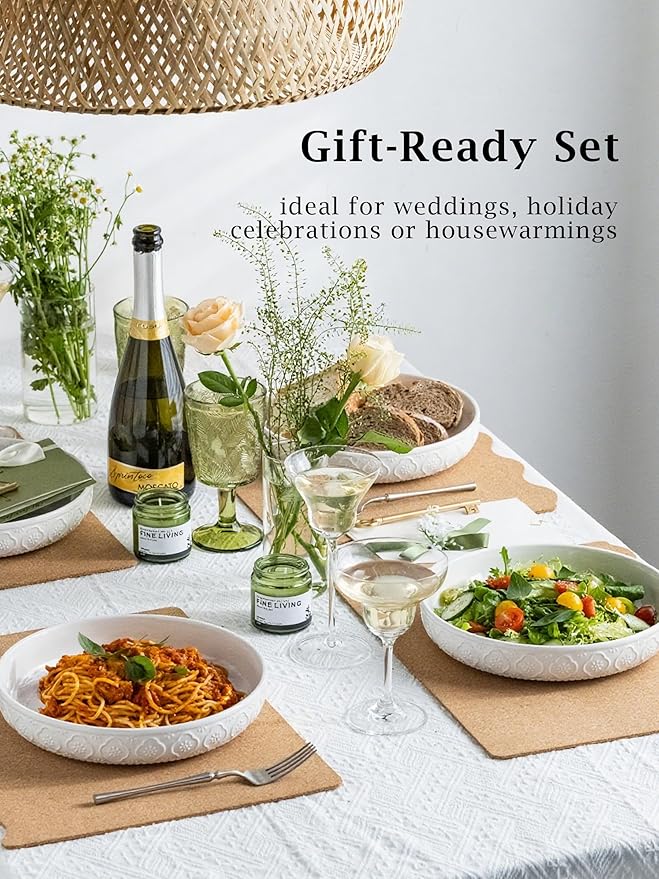 YHOSSEUN 9.75" Pasta Bowls Set of 4, 50 OZ Large Salad Serving Bowls, Ceramic Pasta Plate Bowls, White Soup Bowl, Microwavable Dinner Bowls for Kitchen, Embossed Sunflower