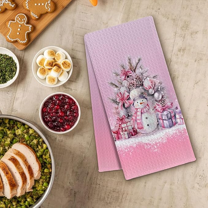 Pink Coquette Bow Christmas Snowman Kitchen Towels, Preppy Winter Dish Towels Drying Cloth for Kitchen, Winter Holiday Xmas Snowman Decorative Hand Towel for Bathroom, 16x24 Inch