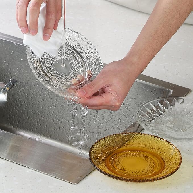 WHJY 6 Inch Clear Glass Plates 4 Pack Vintage Dinnerware Set Transparent Diamond Textured Dinner Plates for Home Party Wedding Crystal Glass Dishes for Fruit Salad Appetizer Dessert