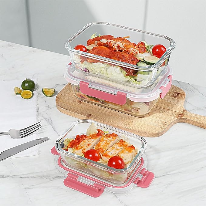BAYZZ 10 Pack Glass Meal Prep Containers, Glass Food Storage Containers with Lids, Airtight Lunch Box, Freezer,Oven,Microwave and Dishwasher Safe,Pink