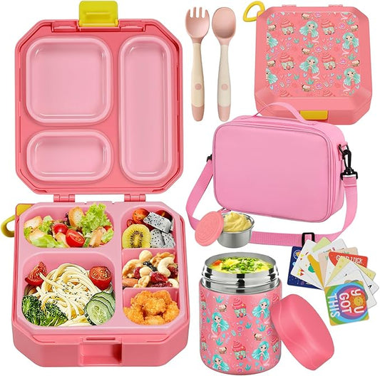 Bento Lunch Box for Kids with 12oz Soup Thermo Leak-Proof Lunch Food Container with 5 Compartment Thermo Hot Food Jar and Insulated Lunch Bag for Kid Toddler Girls Boys to School