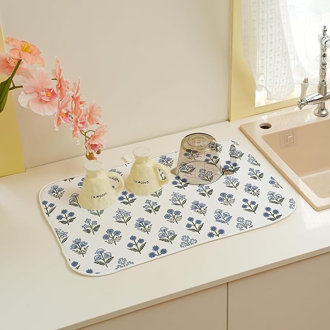 Blue Sage Green Block Print Dish Drying Mats 18x24 Inch Blue Sage Green Vintage Spring Floral Decorative Drying Mats Summer Outdoor Decor Coffee Bar Mat for Kitchen Dining Room