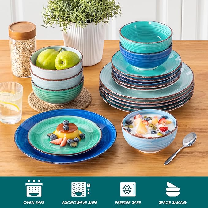vancasso Bonita Dinnerware Set Blue Stoneware 18 Pieces Service for 6, Handpainted Spirals Pattern Stoneware Plates and Bowls Set