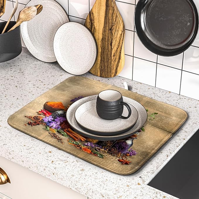 Vintage Kitchen Dish Drying Mat - Spice Bottle Decorative Dish Sink Rack Pad 16 X 18 Inch