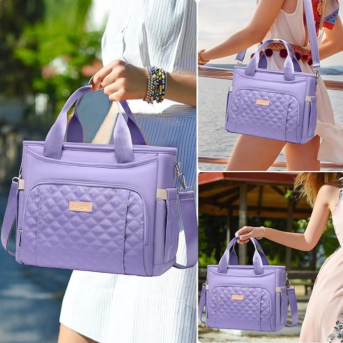 AIJIEKE Insulated Lunch Bag for Women, Lunch Box, Lunch Tote for Work, Large Leak Proof Cooler Bag with Removable Strap, Adult Reusable Lunchbag for Picnic Office Beach, Light Purple