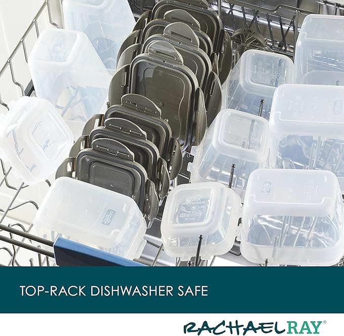 Rachael Ray Leak-Proof Stacking Container Food Storage Bin Set, 30-Piece, Clear with Gray Lids