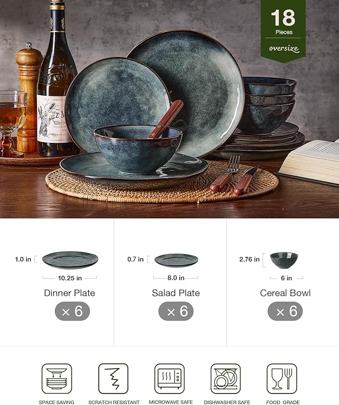 Famiware Ocean Round Plates and Bowls Set, 18 Pieces Dinnerware Sets, Dishes Set for 6, Reactive Glaze, Microwave and Dishwasher Safe, Scratch Resistant, Deep Forest