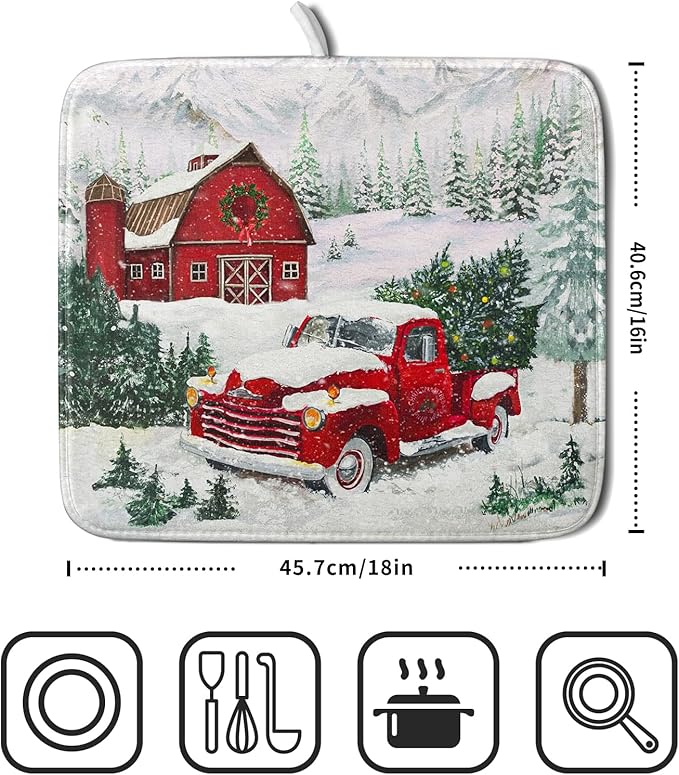 Winter Red Truck Dish Drying Mat Christmas Tree Dishes Pad 16x18 Inch Dish Drainer Rack Mats Absorbent Fast Dry Kitchen Holiday Accessories