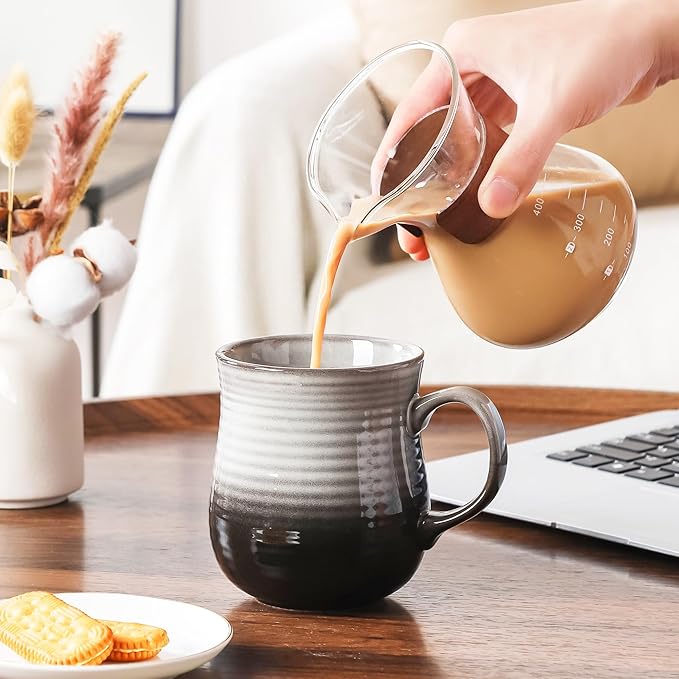 21 oz Large Ceramic Coffee Mugs, Pottery Mug Handmade, Ceramic Tea Cups with Handle for Office and Home, Dishwasher and Microwave Safe (Grey Black)