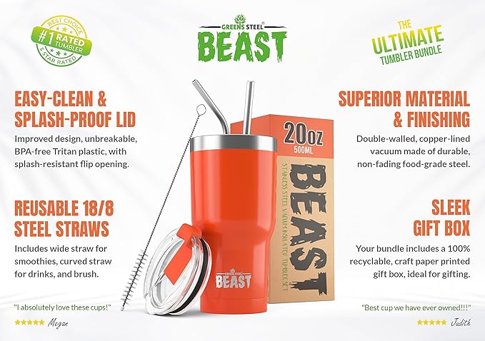 Beast 20 oz Tumbler Stainless Steel Vacuum Insulated Coffee Ice Cup Double Wall Travel Flask (Orange)