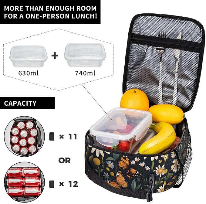 SUPLUCHOM Lunch Bag Daisy Butterfly Vintage Insulated Box Reusable with Side Pocket for Girl Boy Women Men Work School Picnic Hiking Daytrip Over 3 Years Old