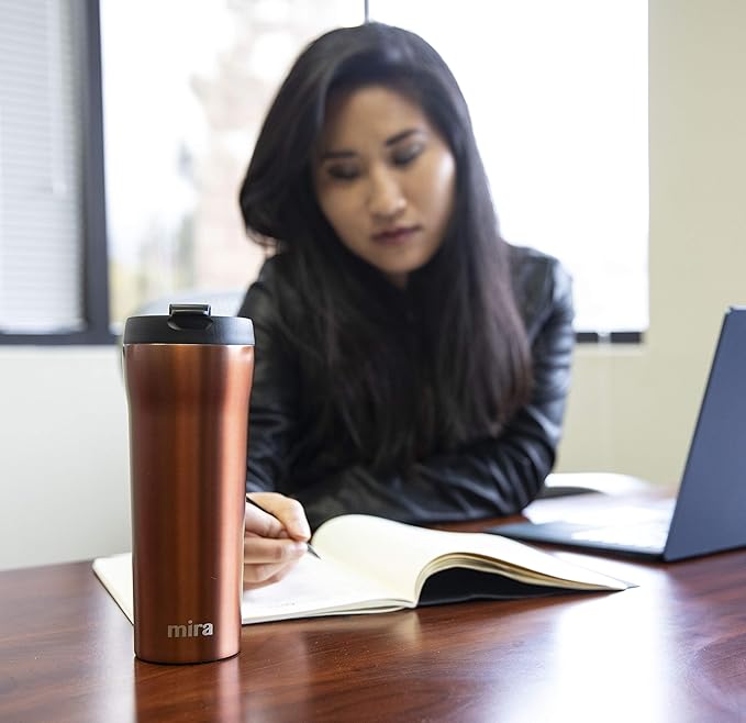 MIRA 16 oz Coffee Travel Mug - Stainless Steel Insulated Tumbler with Leak-Proof Lid - Hot & Cold Cup - Gray Satin