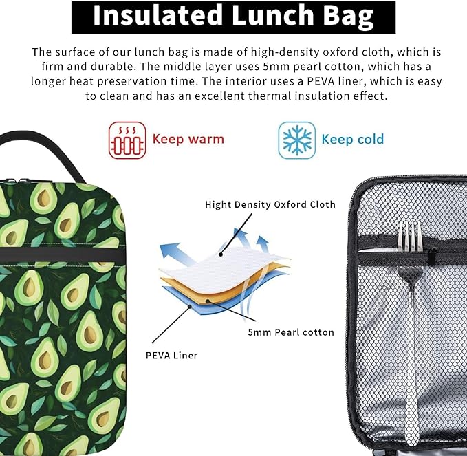 Avocado and Leaf Lunch Box for Teen Kids, Cartoon Reusable Thermal Lunchbag, Picnic, School, Hiking, Fishing, Fruit Insulated Tote Cooler Bags for Adults Women Decor Gifts, Summer Theme