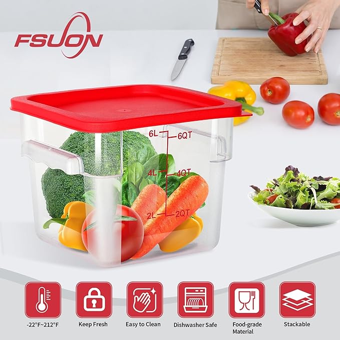 4 Pack Clear Food Storage Containers with Lids and Handles Polycarbonate Square Commercial Food Containers, NSF (6Qt)