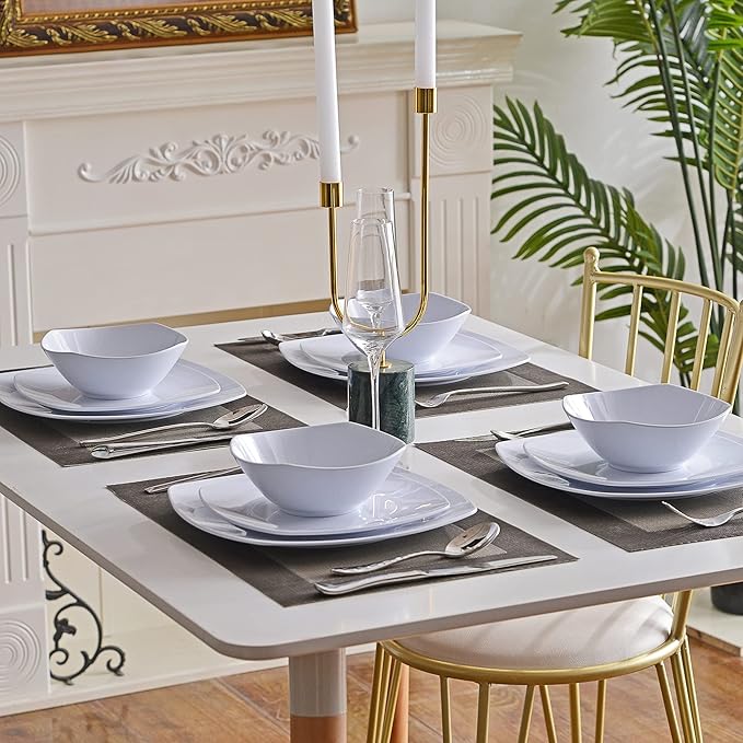 Melamine Dinnerware Sets, Square Dinnerware Sets, White Color Plates and Bowls Sets for 4, Unbreakable Dishwasher Safe BPA Free