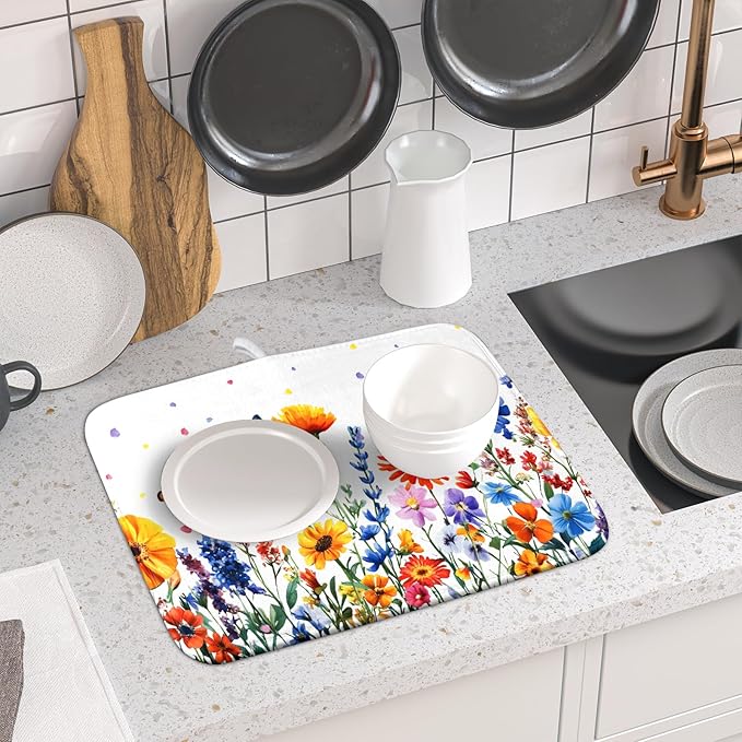 Watercolor Flower Dish Drying Mat 16x18 Inch Floral Butterfly Dish Drainer Protector Pad Washable Reversible Kitchen Counter Dish Dry Pad