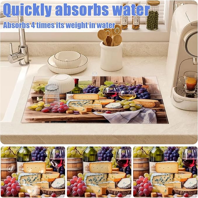 Vintage Red Wine Grape Dish Drying Mat for Kitchen Counter Drying Pad Absorbent Reversible Dish Drainer Rack Mats Draining Pad 18"x24"Inch