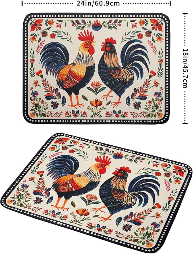 Rooster Poultry Dish Drying Mat for Kitchen Counter 18x24 Inch Microfiber Absorbent Colorful Printing Drying Pad