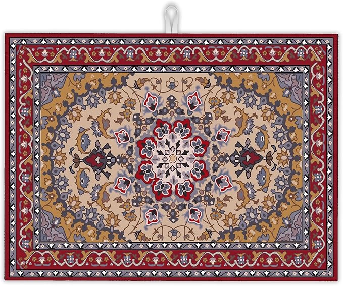 Boho Dish Drying Mat,Persian Original Tribal Drying Rack Pad Countertop Dishes Ultra Absorbent Microfiber Kitchen Counter Mat for Coffee Countertop Decor 18x24 Inch