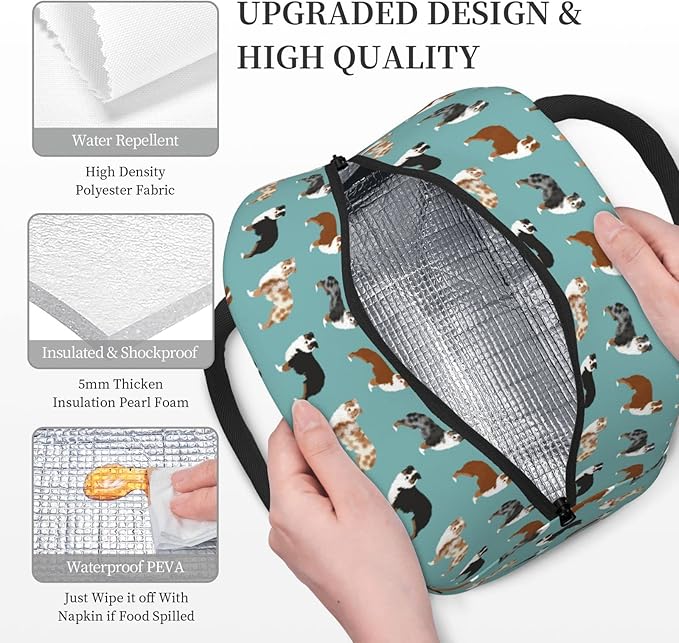 Aeoiba Australian Shepherds Dogs Insulated Lunch Box Tote Bag Handbag lunchbox Food Container Gourmet Tote Cooler warm Pouch For School work Office