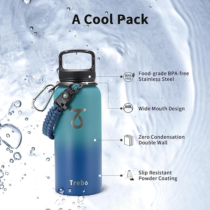 Trebo 32 oz Water Bottle Insulated with Paracord Handle and Straw, Vacuum Double Wall Stainless Steel Water Jug Keep Cold 48 Hours, Water Flask with 3 Lids for Men women Sports Travel gift, Cyan Blue