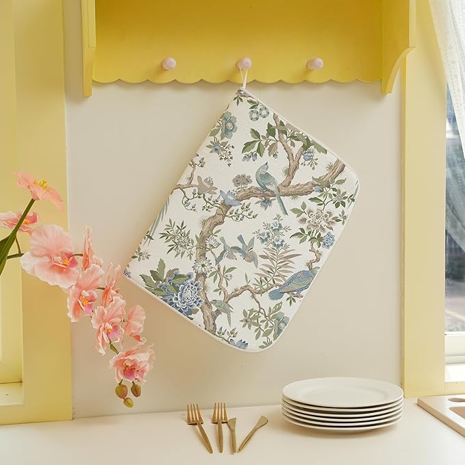 Blue Green Floral Bird Dish Drying Mats 18x24 Inch Blue Green Vintage Flowers Bird Chinoiserie Decorative Drying Mats Outdoor Kitchen Decor Coffee Bar Mat for Kitchen Dining Room